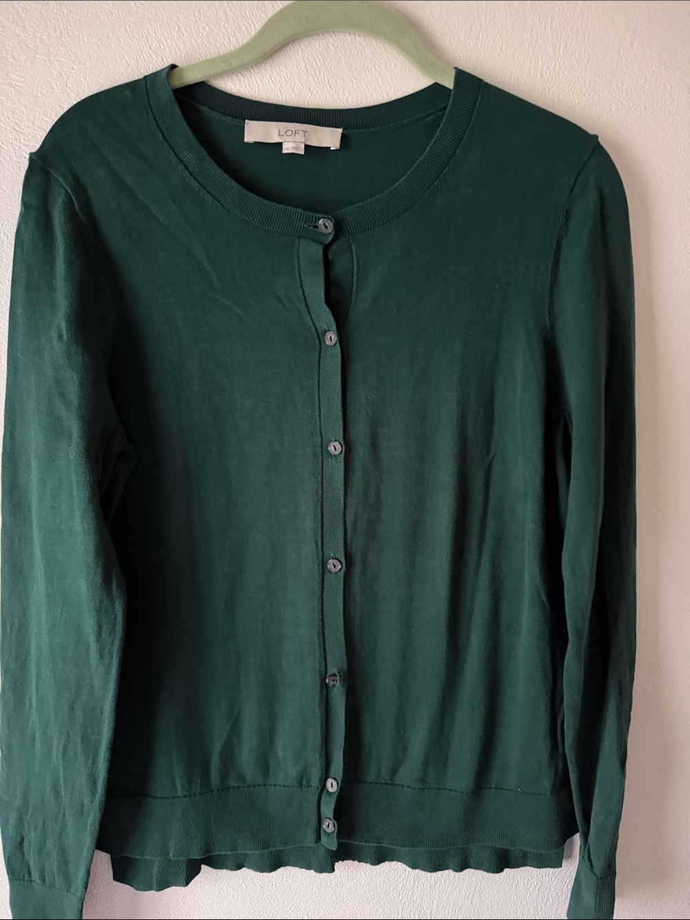 LOFT forest Green Crewneck Button Cardigan